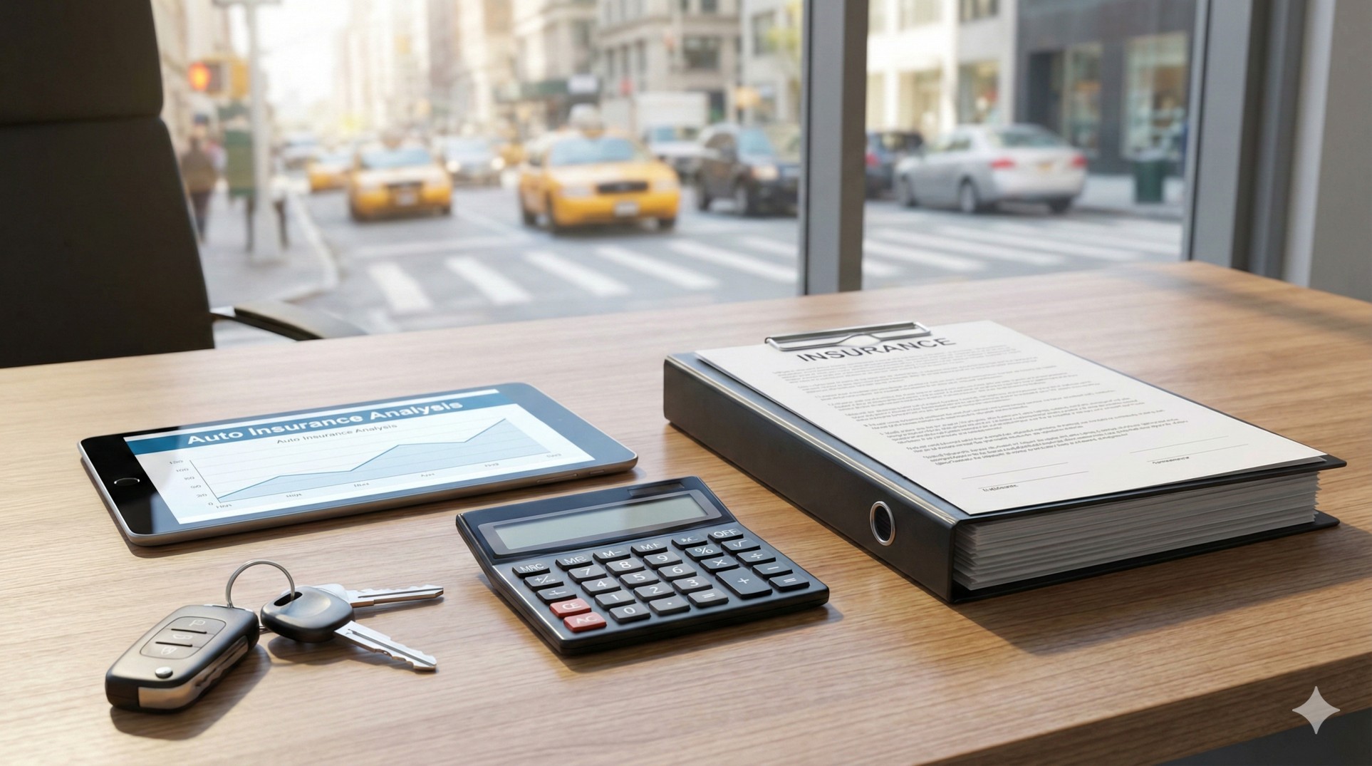   Professional desk setup showing car insurance coverage options and analysis tools. 