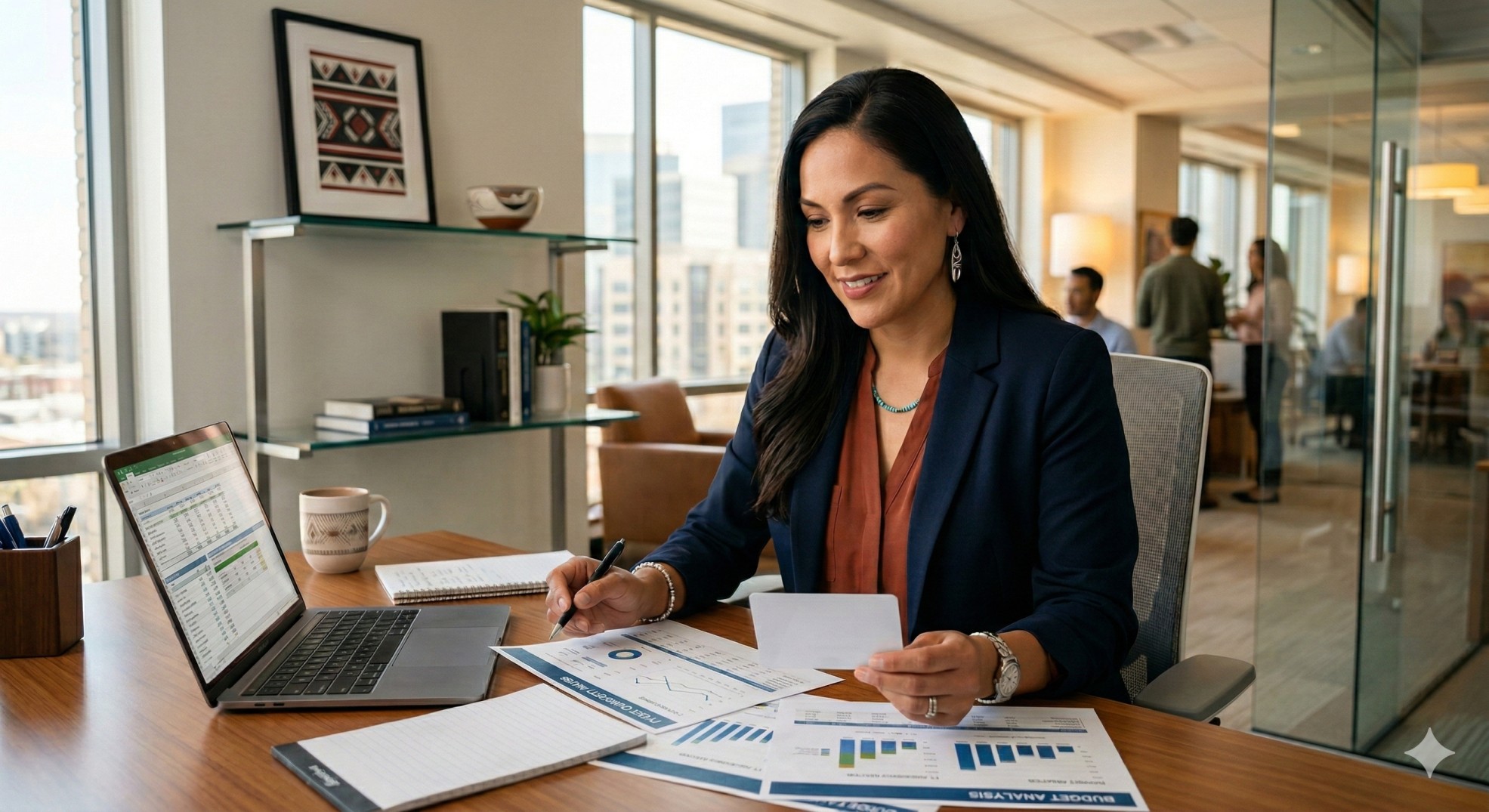   A professional woman researching Native American financial assistance and tribal grants on a laptop. 