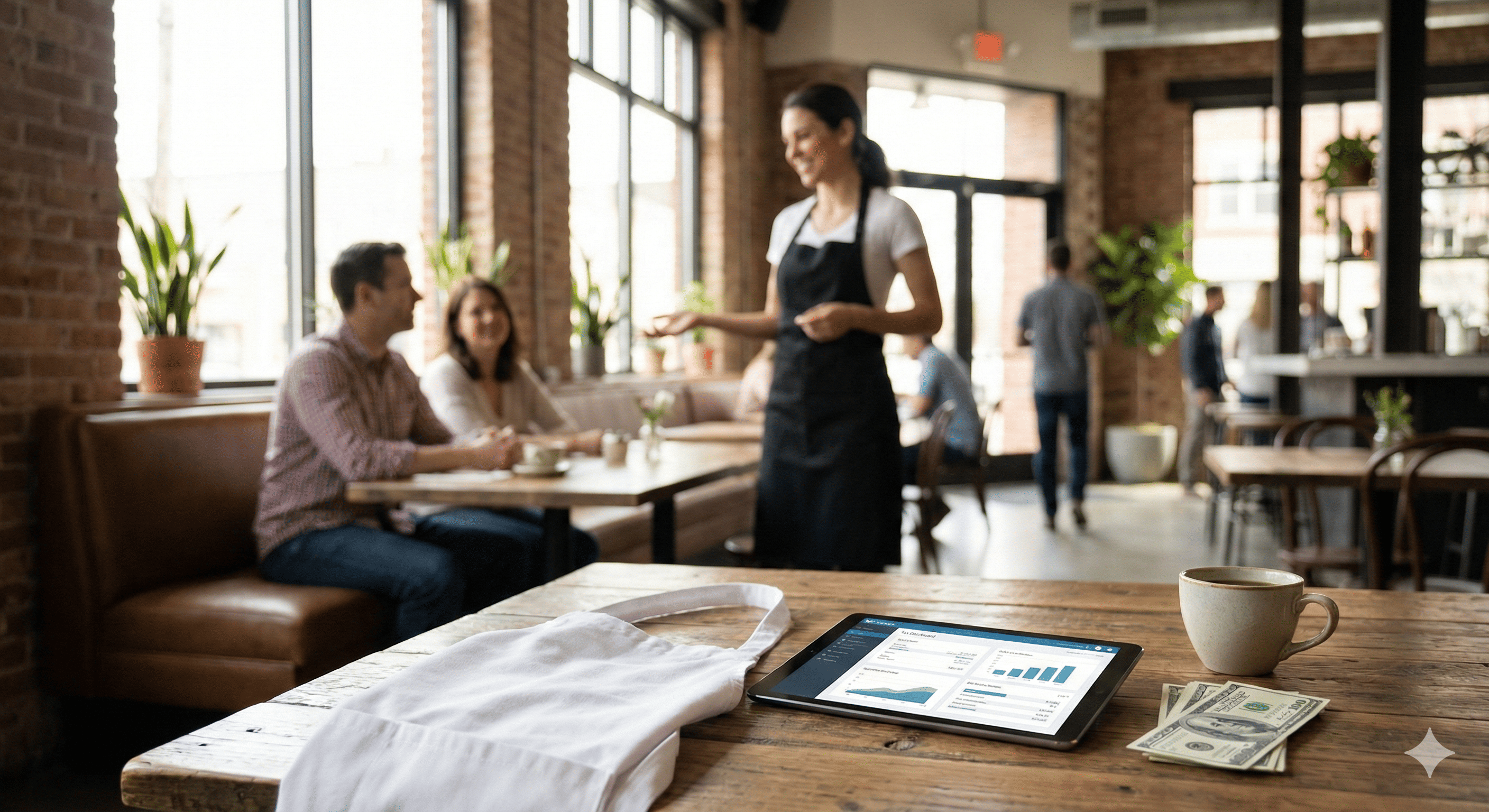   A professional setting showing a tablet with tax software and tip money, illustrating the No Tax on Tips deduction for service workers. 