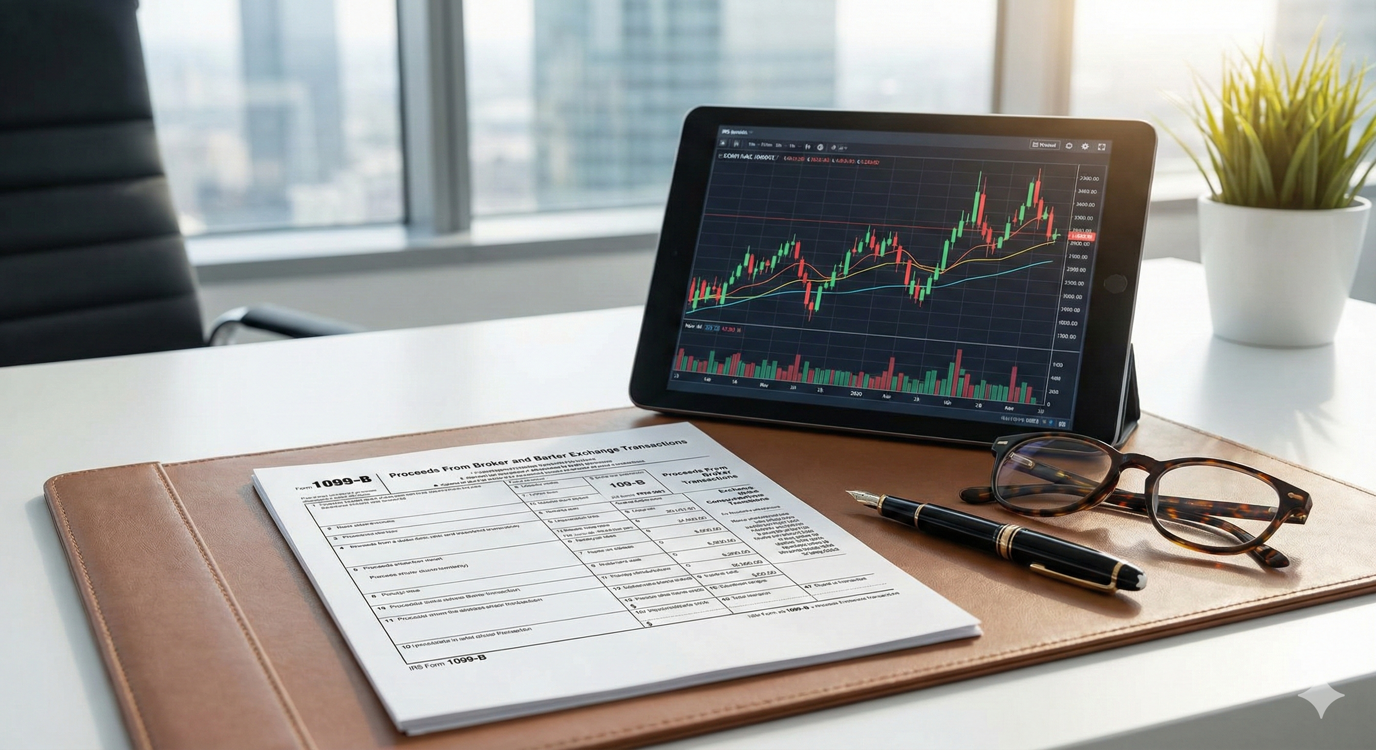   A professional tax preparation desk featuring Form 1099-B Broker Reporting documents and financial analysis tools. 