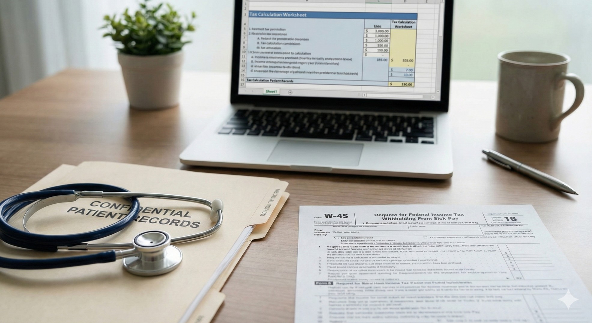   A professional desk setup for managing Form W-4S Sick Pay Withholding and disability benefits. 