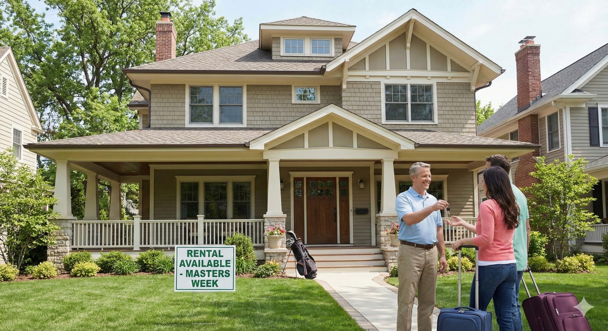   A smiling homeowner in front of a large craftsman-style house hands a set of keys to a couple arriving with suitcases. A yard sign in the foreground reads 