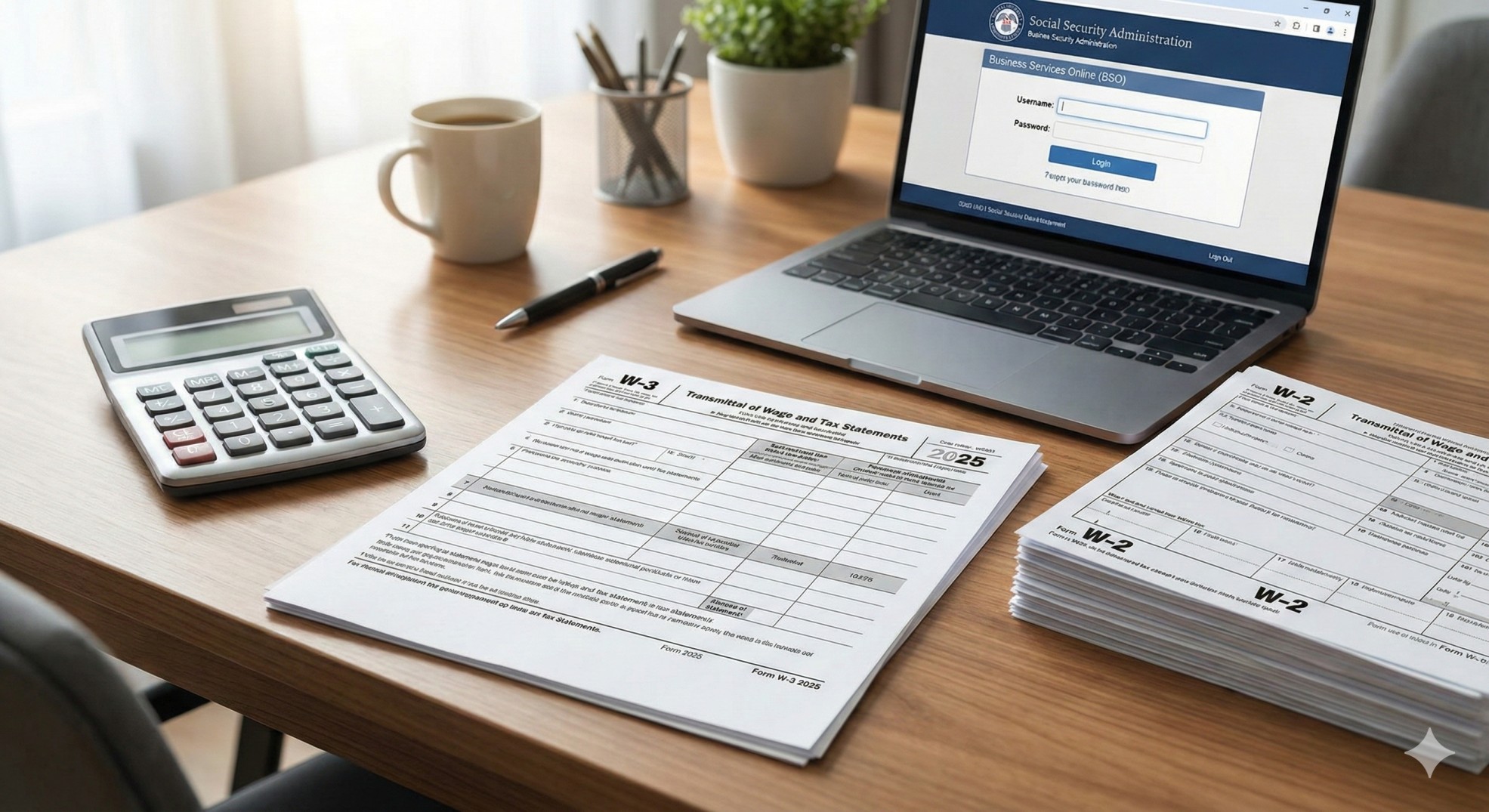   A professional desk setup for Form W-3 Transmittal and payroll tax compliance. 