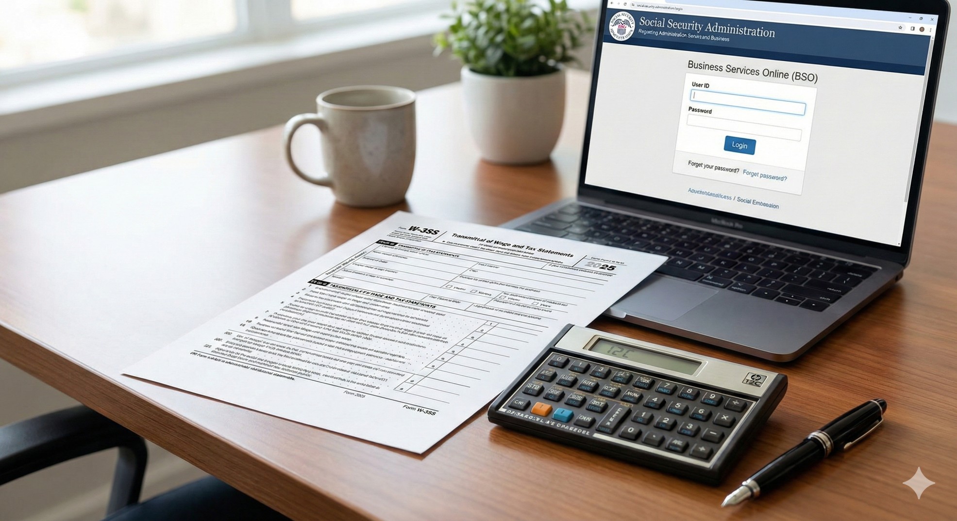   A professional tax preparation desk featuring the Form W-3SS Transmittal and territory wage statements. 