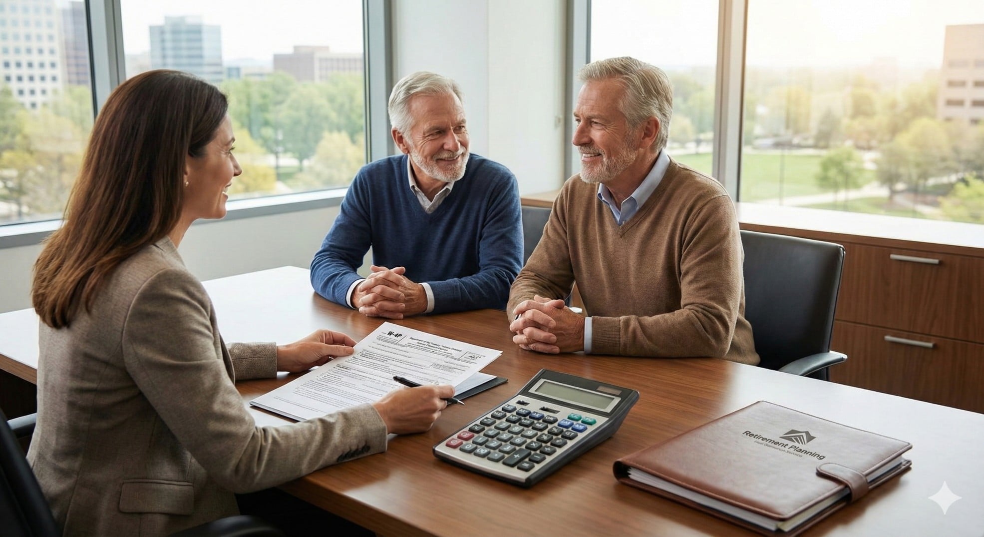   A financial advisor explaining Form W-4P Pension Withholding to a retired couple. 