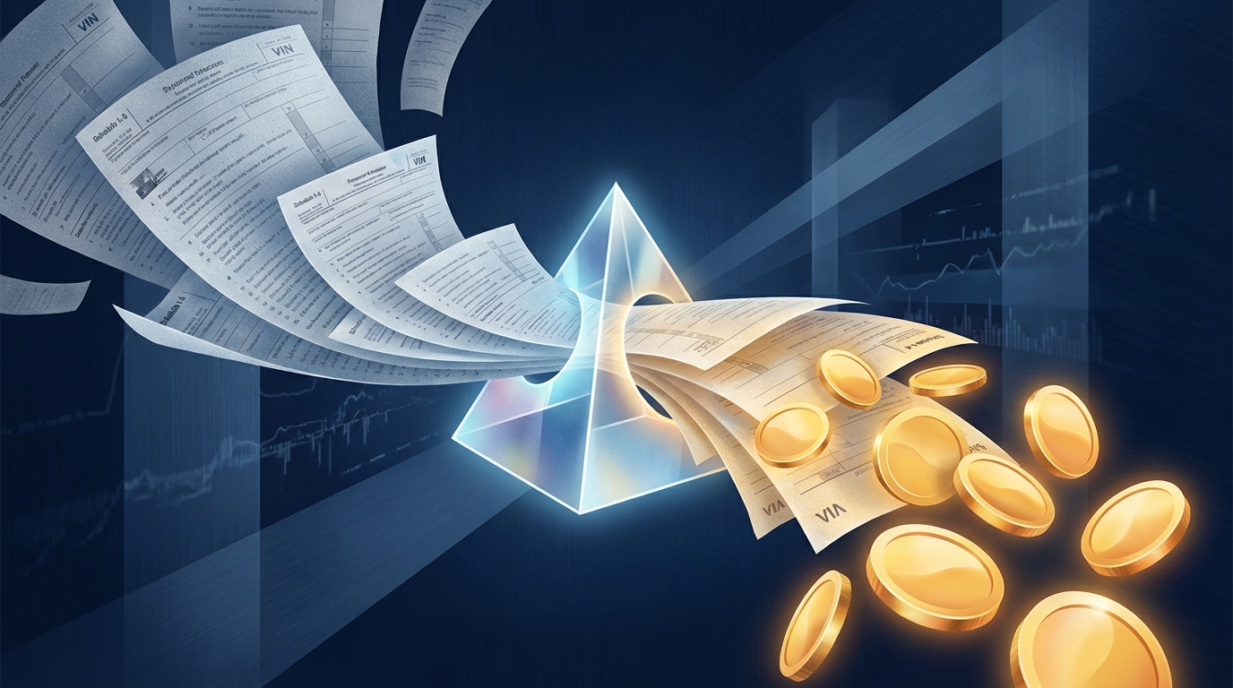   Illustration of tax forms organizing into digital refunds, representing the 2026 OBBBA tax code changes and Schedule 1-A deductions. 