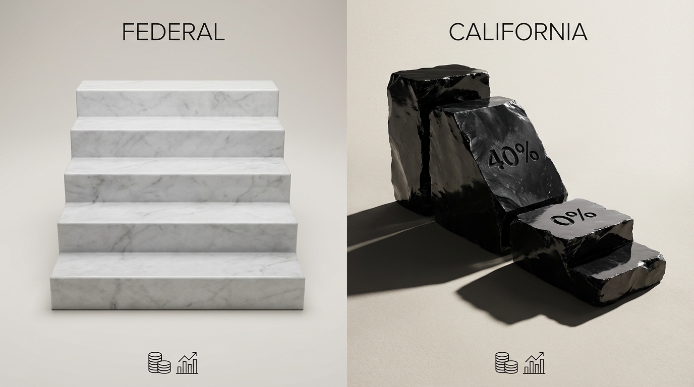   3D visualization of California's uneven 30-40-0-30 tax payment steps compared to federal equal steps, set against a financial data background. 
