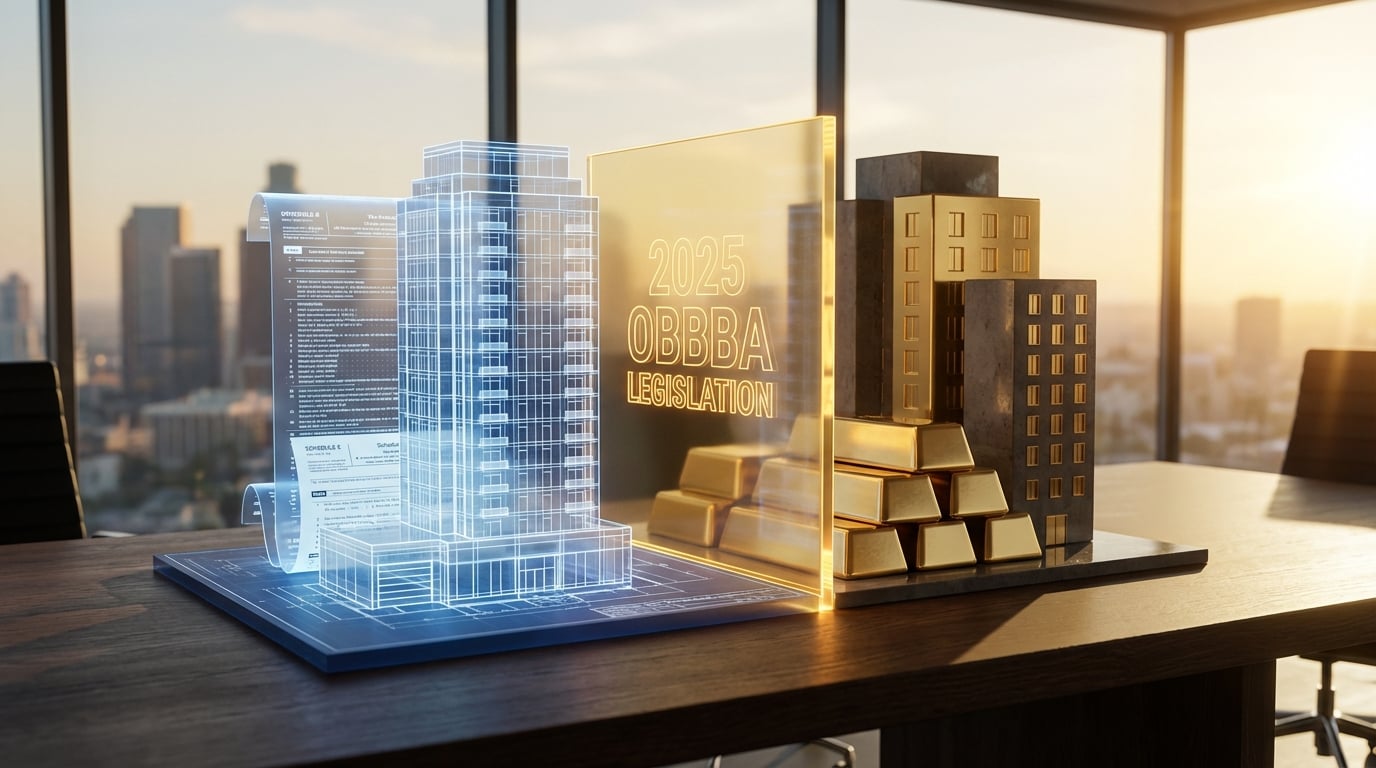   Visual metaphor for 2025 rental property tax changes showing a split building structure transforming from Schedule E tax forms into gold assets. The image illustrates the impact of the One Big Beautiful Bill Act (OBBBA) on co-owned real estate, highlighting the duality of strict income splitting compliance and the restoration of permanent tax deductions for landlords. 