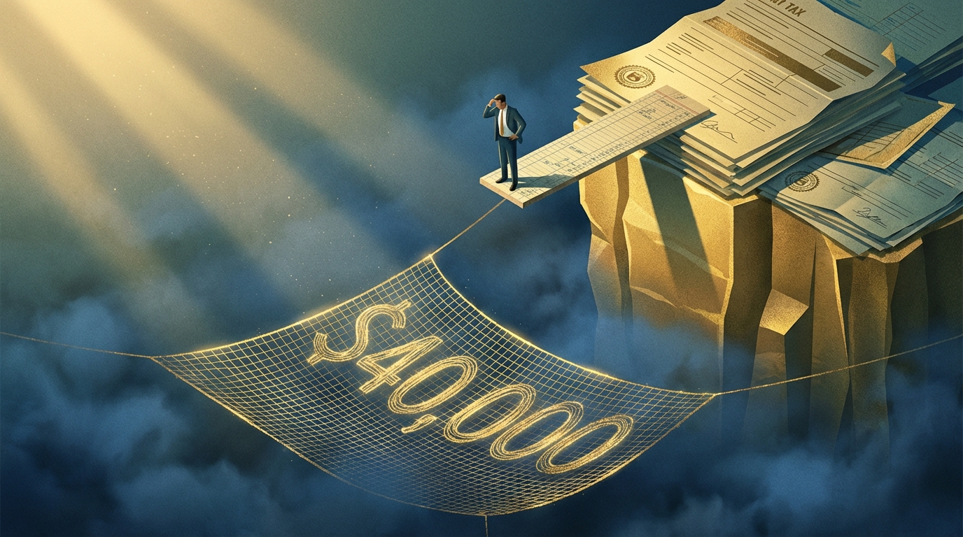   Illustration of a business person balancing on a cliff of tax documents, representing the 2025 SALT deduction cap increase to $40,000 and the risks of the income cliff. 