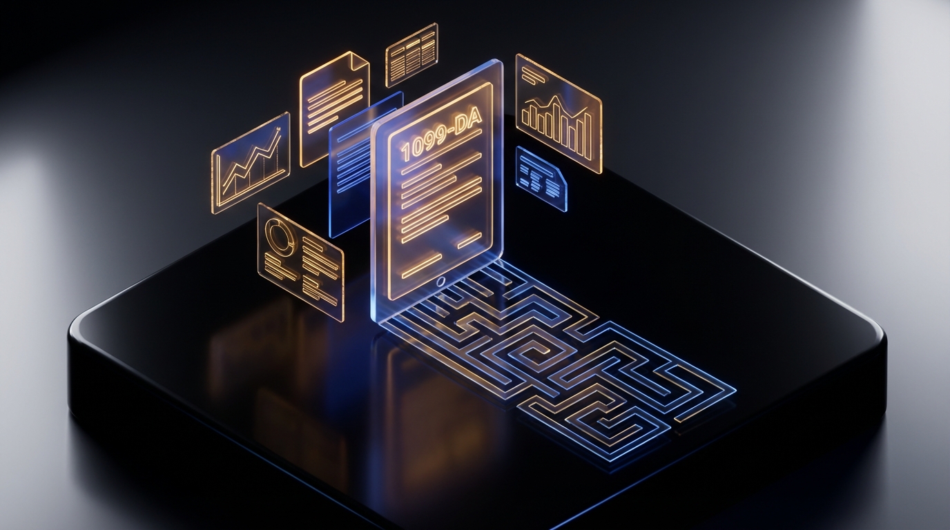   3D illustration of a digital tax form casting a maze-like shadow, representing the IRS Form 1099-DA gross proceeds trap for cryptocurrency investors in 2025. 
