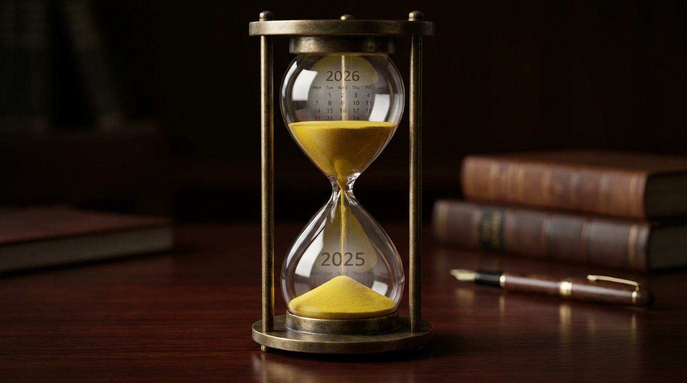   Hourglass with yellow sand representing the time gap between 2025 tax limits and 2026 OBBBA benefits for teachers. 