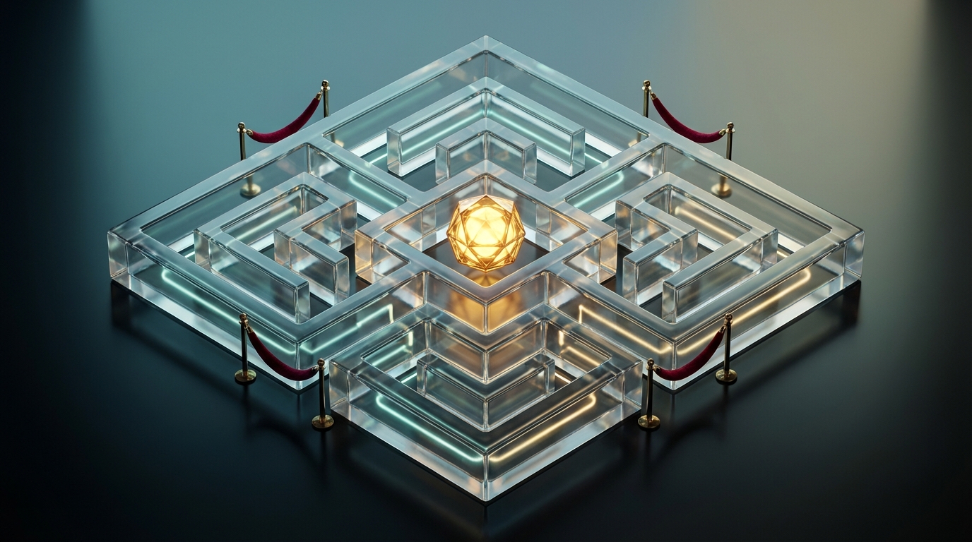   3D illustration of a glass maze representing 2025 EITC eligibility rules under the OBBBA act. A glowing gold orb in the center symbolizes the maximum tax refund, while blocked paths represent the complexity of new tip and overtime deductions. 
