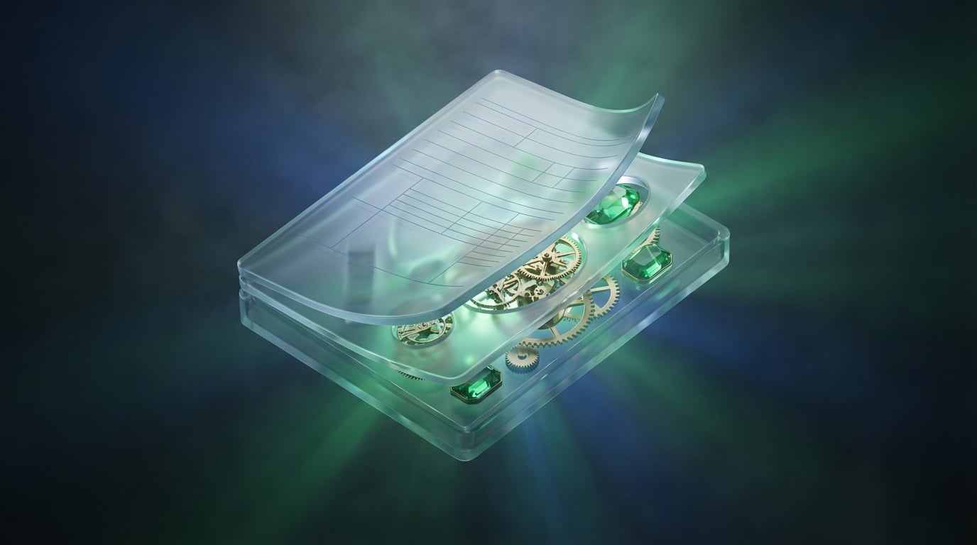   3D illustration of a US tax form splitting into layers to reveal hidden gold and gems, symbolizing the discovery of missed deductions via Form 1040-X. 