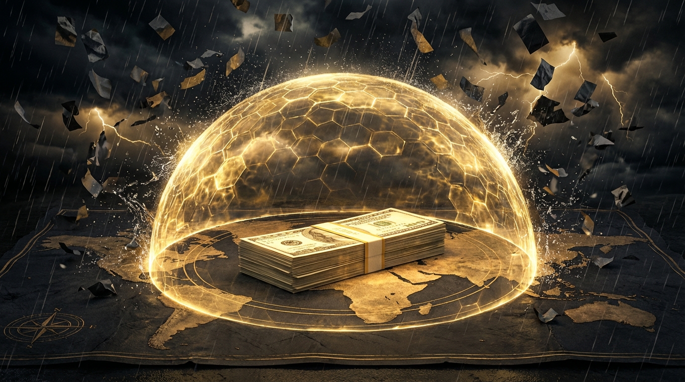   Golden forcefield shielding a stack of money on a world map, representing the 2025 Foreign Earned Income Exclusion protecting expat salary from taxes. 