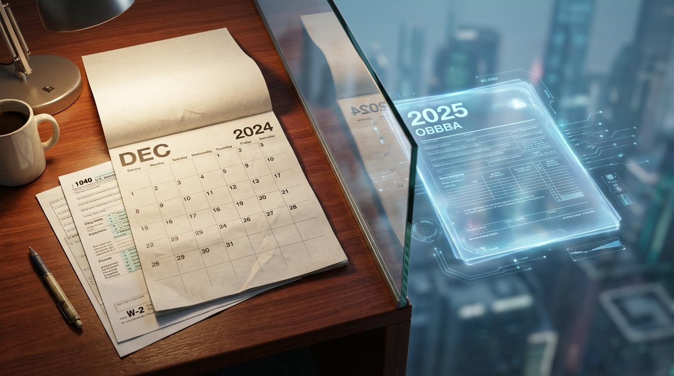   Comparison of 2024 tax forms on a desk versus a futuristic glowing 2025 OBBBA document, illustrating that new tax breaks do not apply to the current filing. 