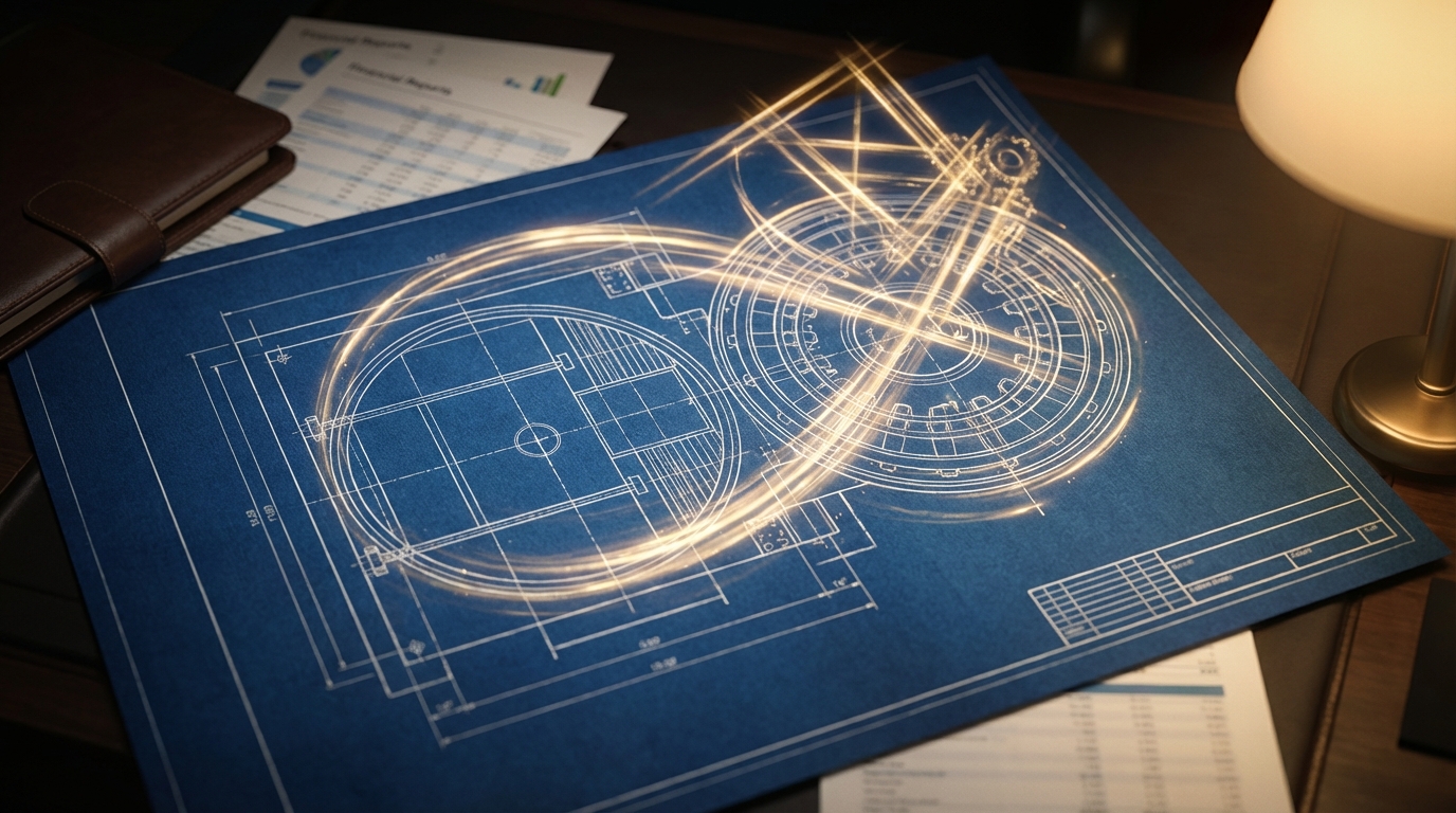   Architectural blueprint with glowing lines shifting to represent retroactive 2024 tax law changes and IRS schedule adjustments. 