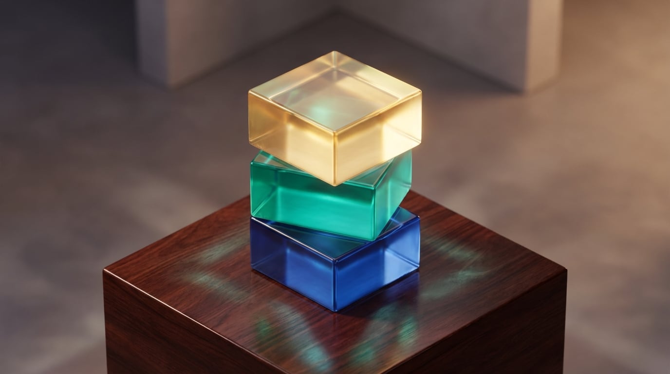   3D isometric illustration of three glowing glass layers stacking to form a tax shield, representing the 2025 Standard Deduction, Age 65+ Add-on, and OBBBA Bonus. 
