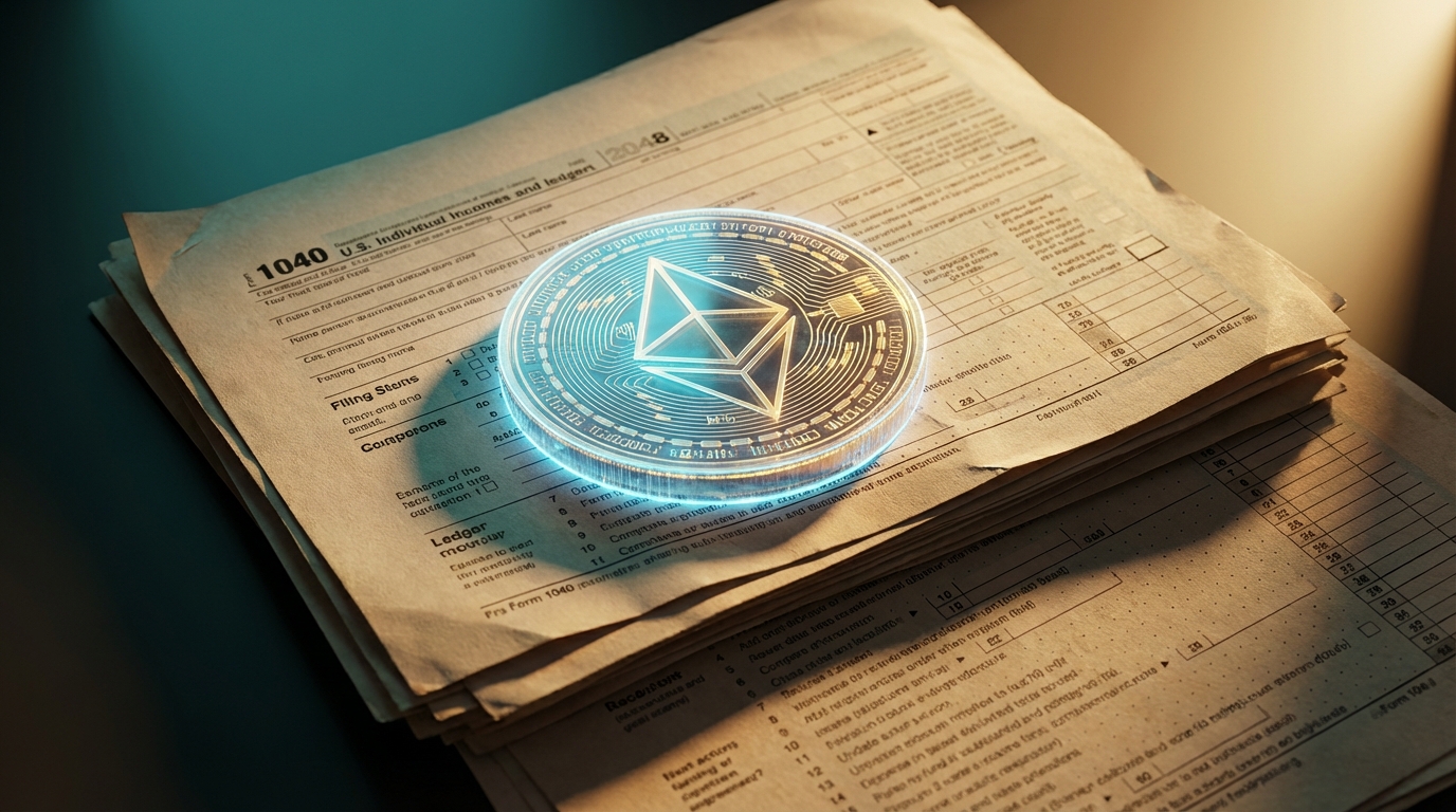   Cinematic illustration of a glowing digital Ethereum coin resting on a stack of weathered IRS paper forms, symbolizing the clash of new crypto tech and old tax bureaucracy. 
