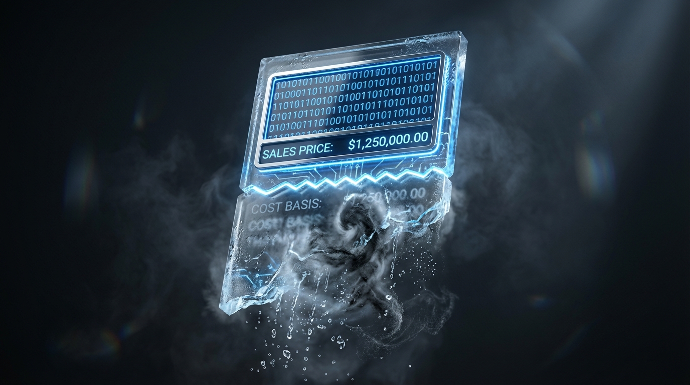   Visual metaphor for Form 1099-DA gross proceeds reporting gap showing a digital receipt dissolving into mist, representing missing cost basis data for 2026 crypto taxes. 