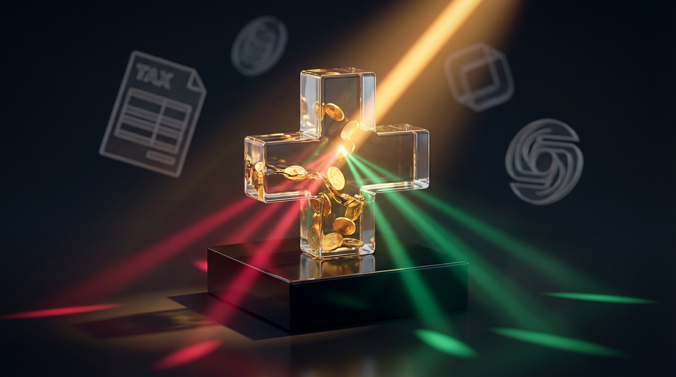  3D illustration of a medical cross filled with gold coins representing 2025 HSA tax savings under the OBBBA law. 