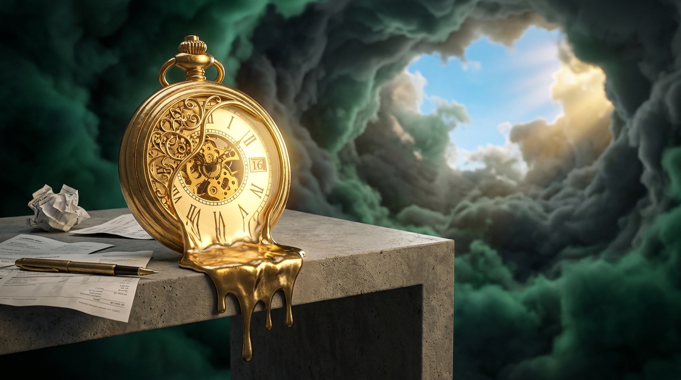   Surrealist golden pocket watch melting on a desk symbolizing the urgent March 16 2026 S-Corp tax deadline and time pressure for Form 1120-S filing. 