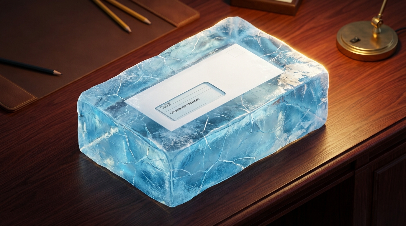   IRS tax refund check frozen in a block of ice representing Transaction Code 810 hard freeze and OBBBA delays 2025. 