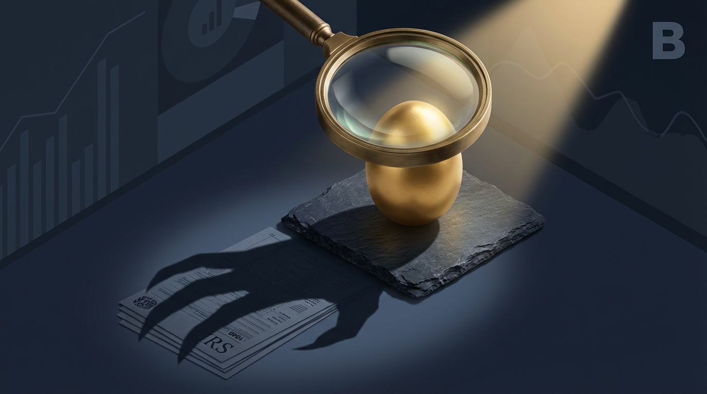  IRS Form 8938 phantom inflation trap illustration showing a nest egg magnified to exceed reporting thresholds. 