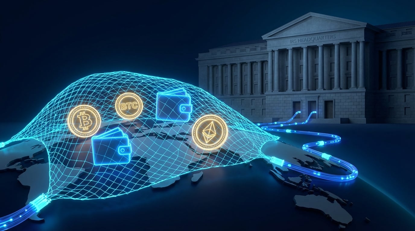   3D illustration of a digital net capturing cryptocurrency assets across a global map, symbolizing IRS Form 8938 foreign asset reporting enforcement for 2025. 