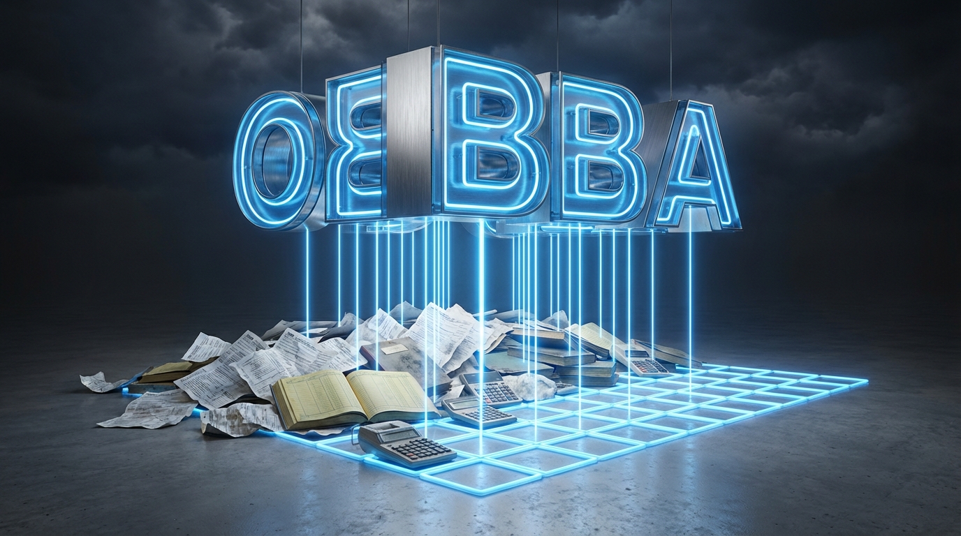   Illustration of the One Big Beautiful Bill Act (OBBBA) digital monolith organizing chaotic 2025 tax paperwork, symbolizing new IRS enforcement and Form 8949 automation. 