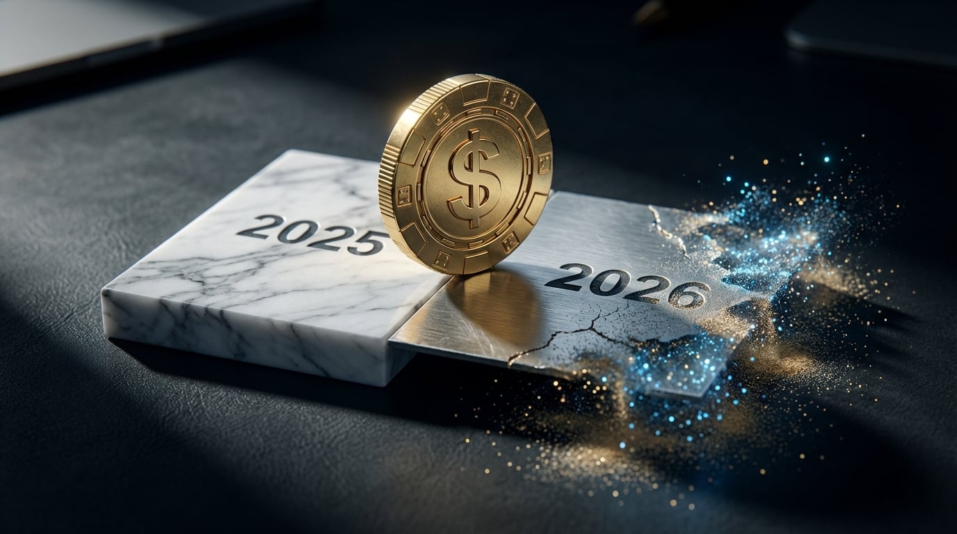   A gold casino chip balancing between a solid 2025 calendar date and a dissolving 2026 date, symbolizing the change in gambling tax laws and the new phantom income risk. 