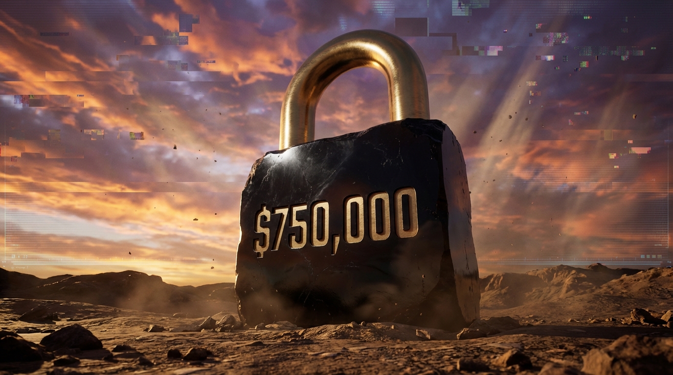   A visual metaphor for the 2025 OBBBA tax law, depicting a massive stone padlock engraved with the $750,000 mortgage interest deduction cap. The background features a glitching sunset, symbolizing the cancellation of the 2017 sunset provision and the permanent lock-in of lower IRS limits for home equity loan interest deductions. 