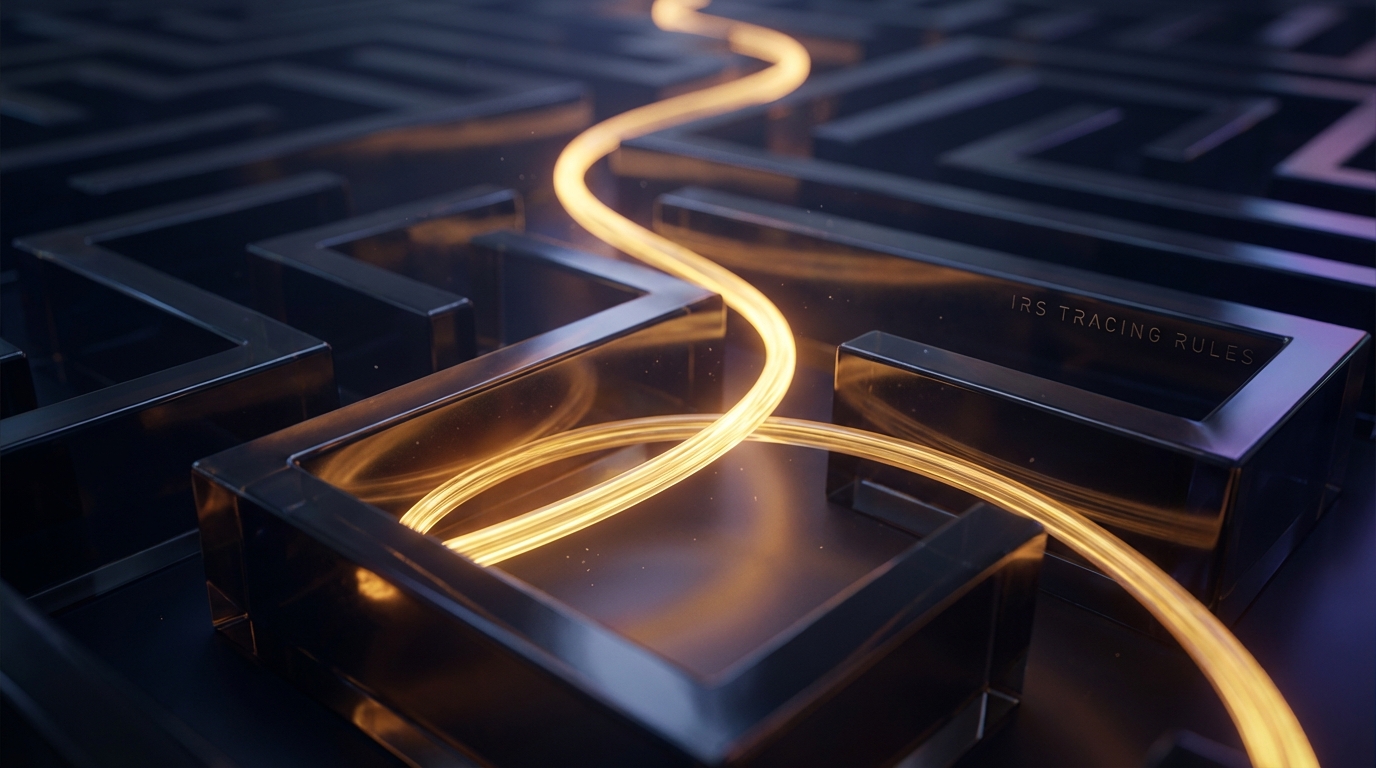   Glowing golden thread navigating a dark maze, symbolizing investment interest expense tracing rules and the path of loan proceeds for IRS compliance. 
