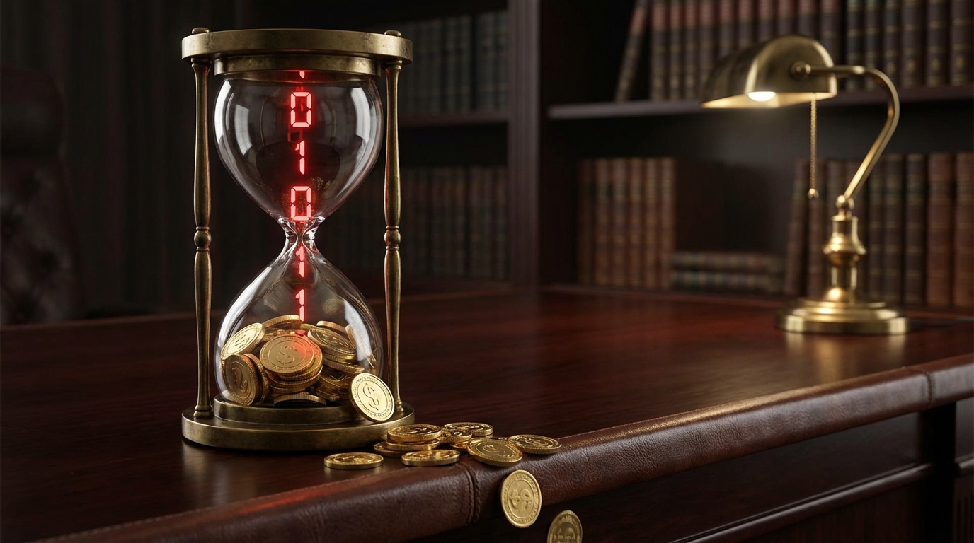   Hourglass with digital binary code turning into gold coins, symbolizing the financial cost of time and IRS late filing penalties. 