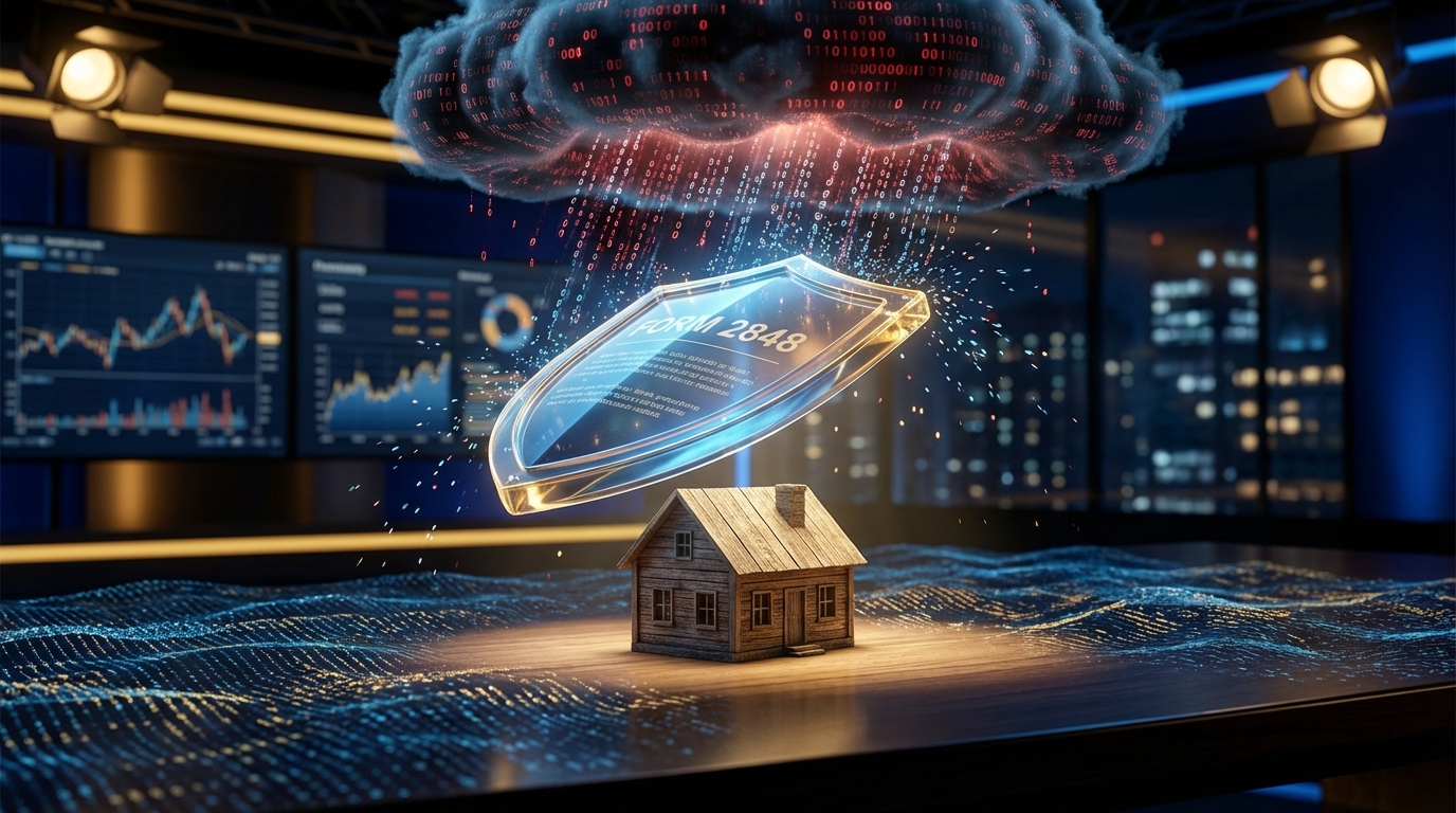   3D illustration of a glowing document shield protecting a home from a digital storm of binary code, representing IRS Form 2848 protection against OBBBA data audits. 