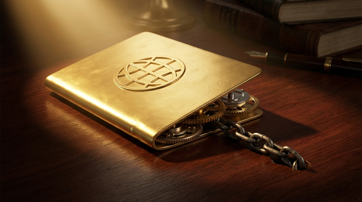   Golden US passport with internal clockwork gears and chains, symbolizing the complex 2025 exit tax rules and the 8-year residency trap for high net worth individuals. 