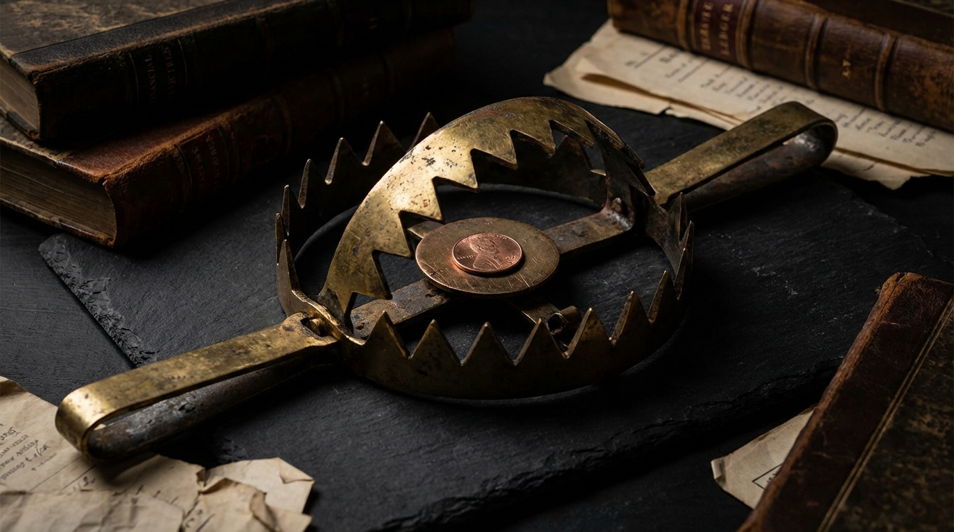   Cinematic editorial illustration of a golden bear trap snapping shut on a small coin, symbolizing the IRS automatic abatement trap for 2026 tax penalties. 