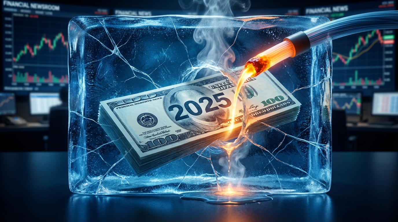   US dollar bills frozen inside a block of ice representing the IRS CP53E refund freeze, with a digital cable melting a path to the money. 