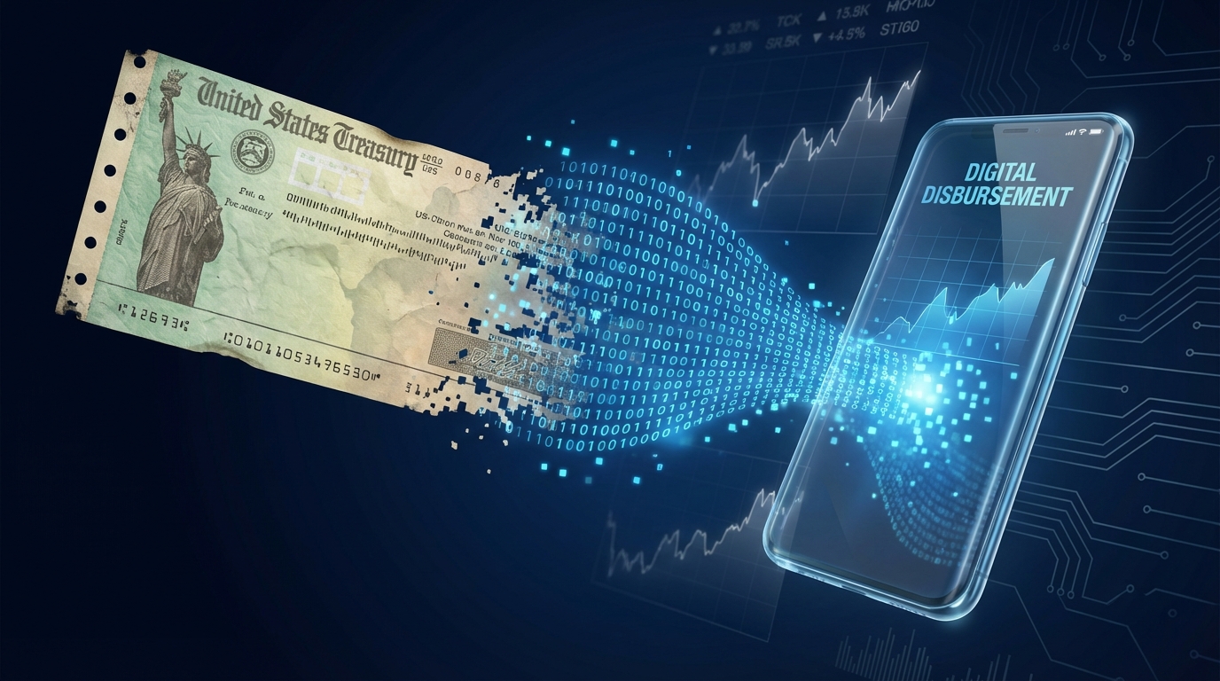   Illustration of a paper tax refund check dissolving into digital pixels, representing the IRS transition to electronic payments under Executive Order 14247. 