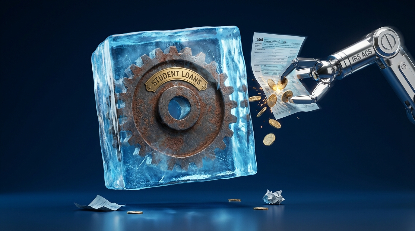   Illustration of a frozen student loan gear versus an active robotic IRS arm seizing tax refund coins, symbolizing the 2025 offset rules. 