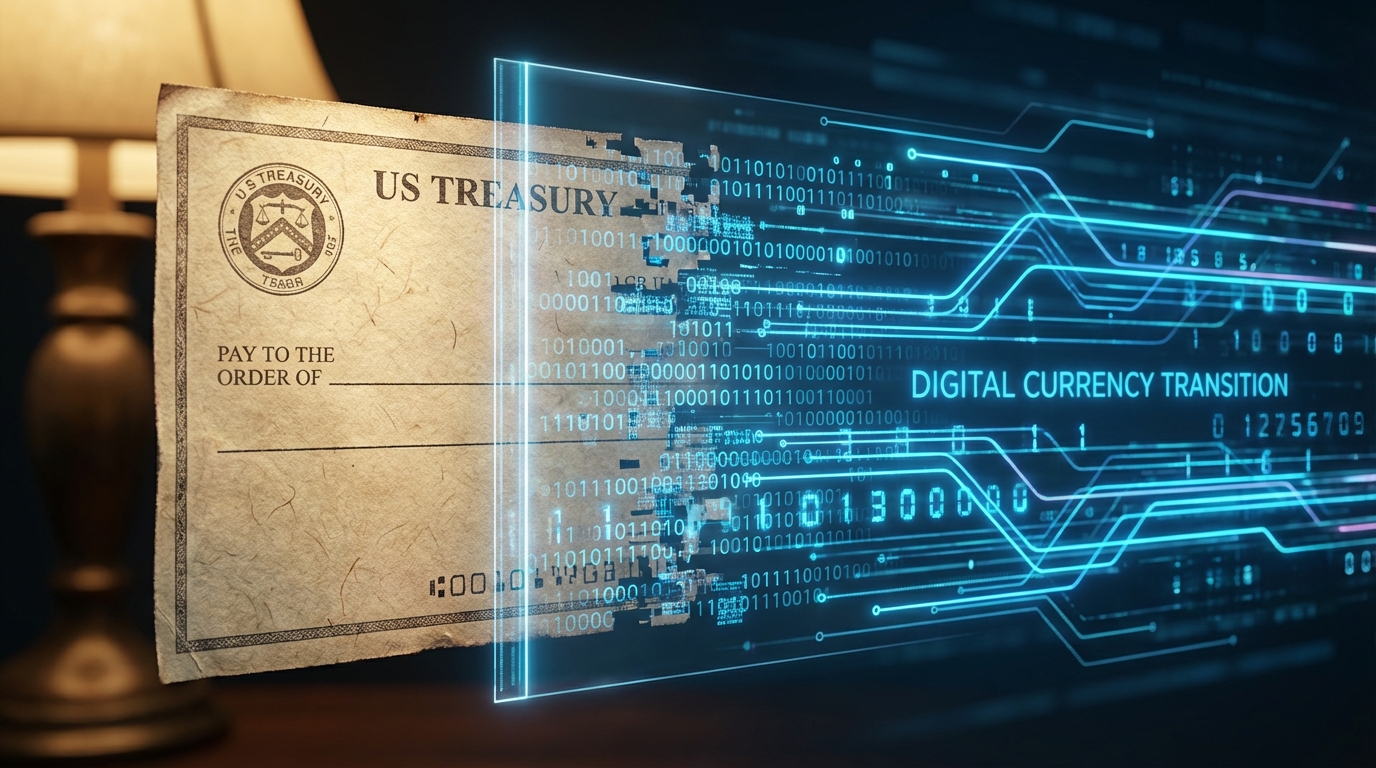   IRS paper tax refund check dissolving into digital binary code, symbolizing the 2025 paper check phase-out and transition to electronic direct deposit. 