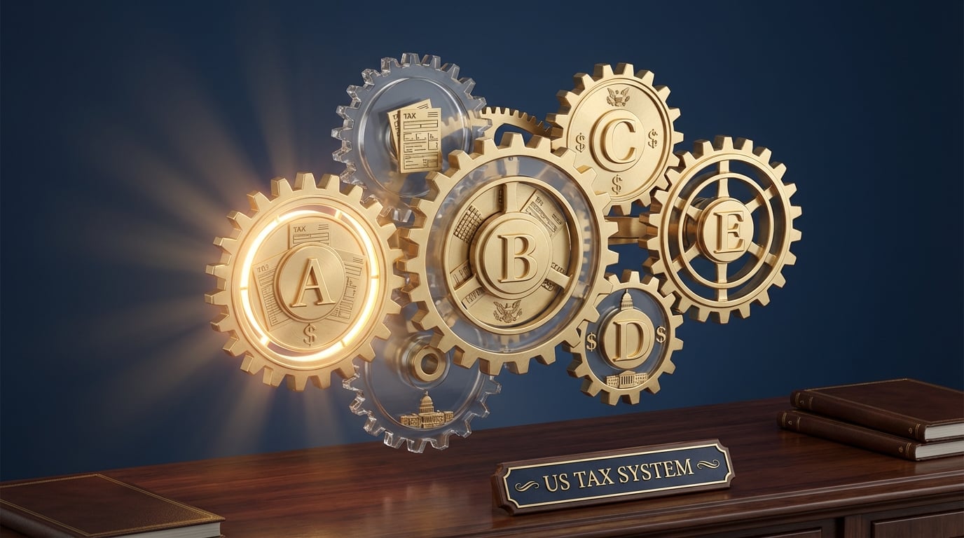   3D illustration of IRS Tax Schedules A, B, C, D, and E interlocking like gears in a machine, representing the 2025 tax filing ecosystem. 