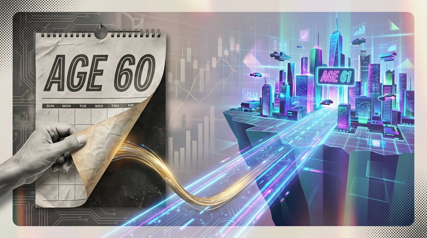   Illustration of a calendar page turning from age 60 to 61, symbolizing the IRS long-term care deduction limit increase, styled in retro-futurist mixed media. 