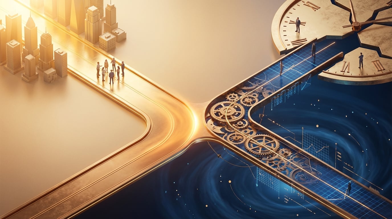   3D isometric illustration of a golden path splitting into two; one path is smooth, the other is complex with gears, representing married filing separately 2025 tax choices. 