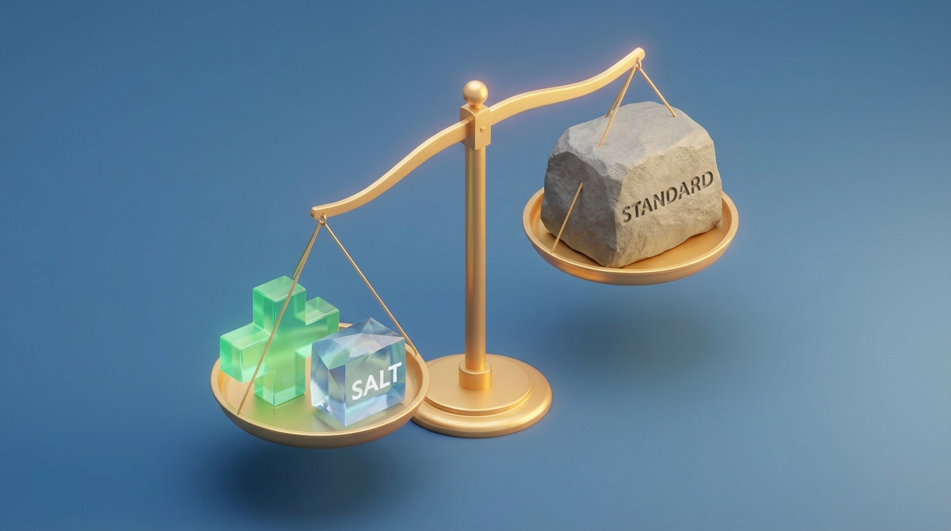   2025 tax deduction comparison showing itemized medical expenses and SALT cap outweighing the standard deduction on a scale. 
