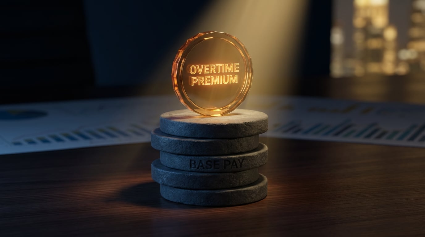   3D illustration of a stack of stone coins with a glowing glass coin on top, symbolizing the IRS Premium Only rule for overtime tax deductions in 2025. 