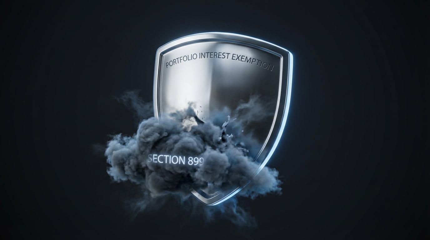   Chrome shield representing 2025 Portfolio Interest Exemption deflecting a dark storm cloud symbolizing the failed Section 899 Revenge Tax. 