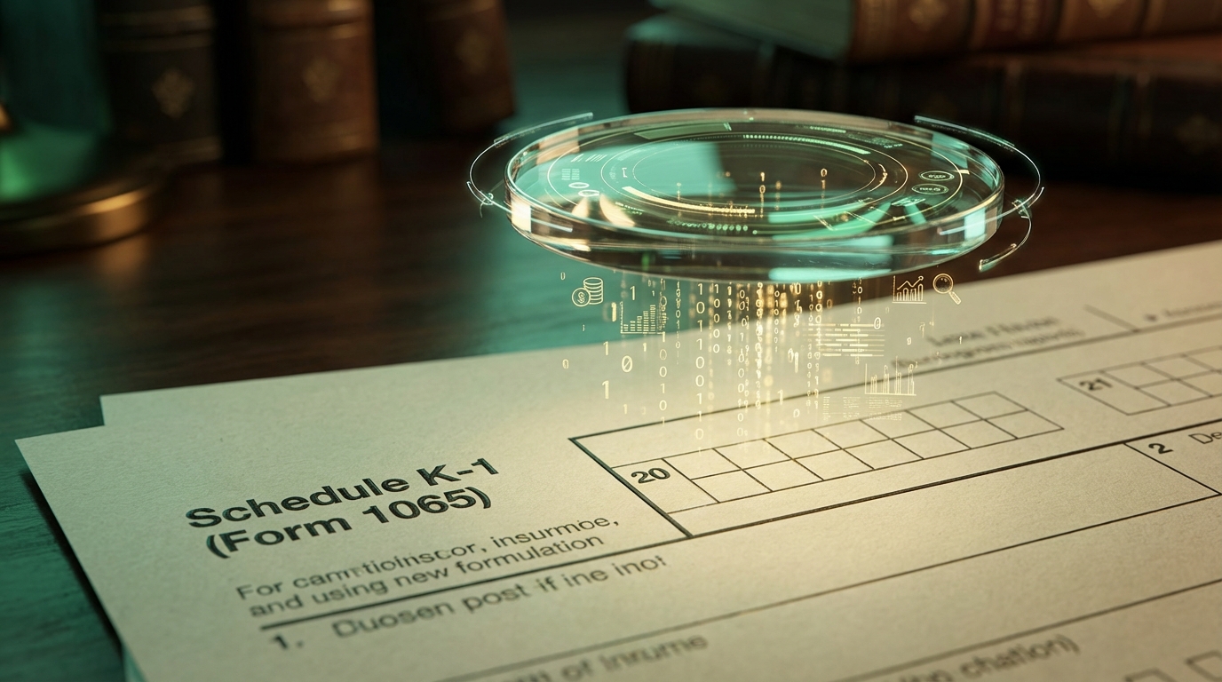   Magnifying lens revealing hidden golden data streams on a 2025 Schedule K-1 tax form, symbolizing the decoding of Box 20 Code Z and Code ZZ for QBI deductions. 
