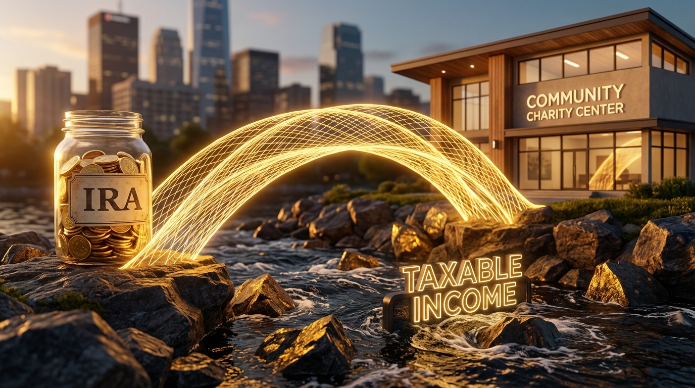   Visual metaphor of a golden bridge transferring funds from an IRA directly to charity, bypassing the turbulent river of taxable income, representing 2025 QCD tax benefits. 