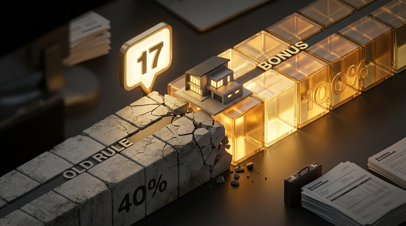   3D illustration of a rental property timeline fracturing at January 19, symbolizing the OBBBA split-year bonus depreciation rules for 2025 tax filings. 