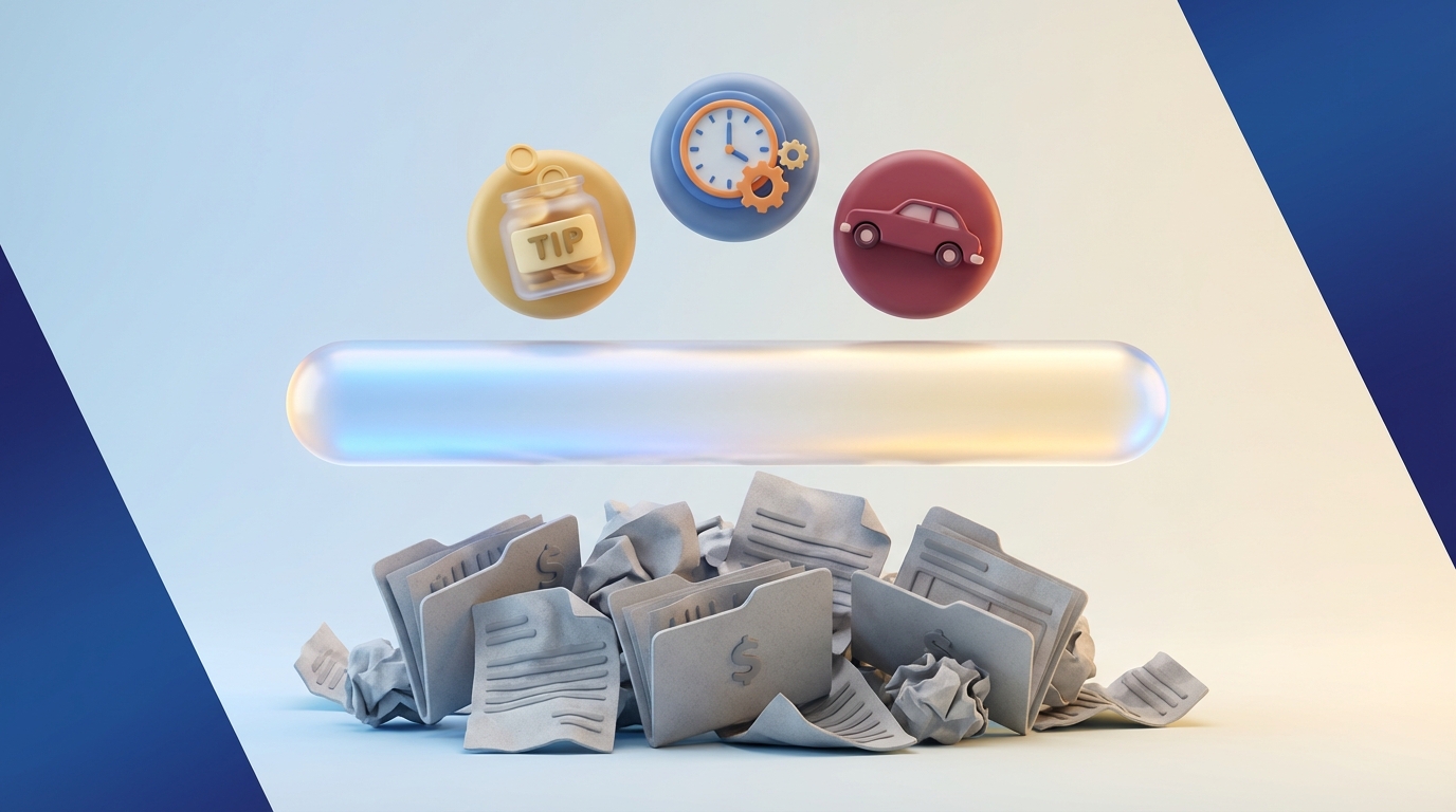   3D illustration of Schedule 1-A deductions floating above a glass line, representing above-the-line tax write-offs for 2025 tips, overtime, and auto interest. 